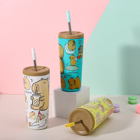 304 Stainless Steel Insulated Tumbler,Cartoon Design Portable Straw Cup for Home and Office(Lake blue)