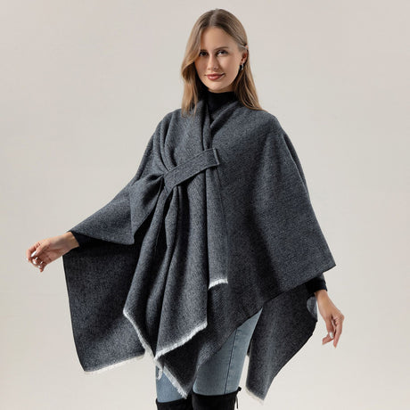 Solid Knit Poncho Shawl,Warm Fall/Winter Cape with Slit and Crossbar Design(Black)