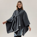 Solid Knit Poncho Shawl,Warm Fall/Winter Cape with Slit and Crossbar Design(Navy blue)
