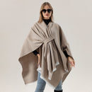 Solid Knit Poncho Shawl,Warm Fall/Winter Cape with Slit and Crossbar Design(Navy blue)