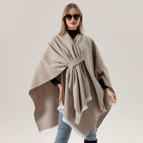 Solid Knit Poncho Shawl,Warm Fall/Winter Cape with Slit and Crossbar Design(Blue)