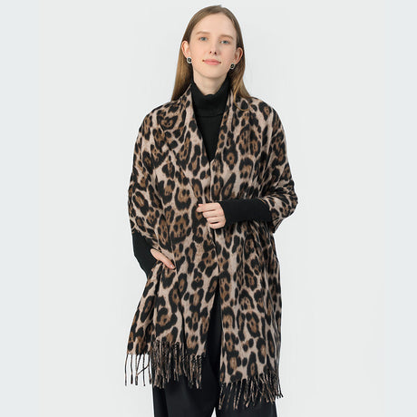 Stylish Animal Print Scarf - Warm Fall/Winter Shawl with Tassels, Imitation Cashmere(Khaki)