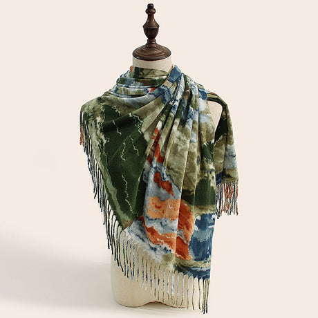 Stylish Animal Print Scarf - Warm Fall/Winter Shawl with Tassels, Imitation Cashmere(Dark green)