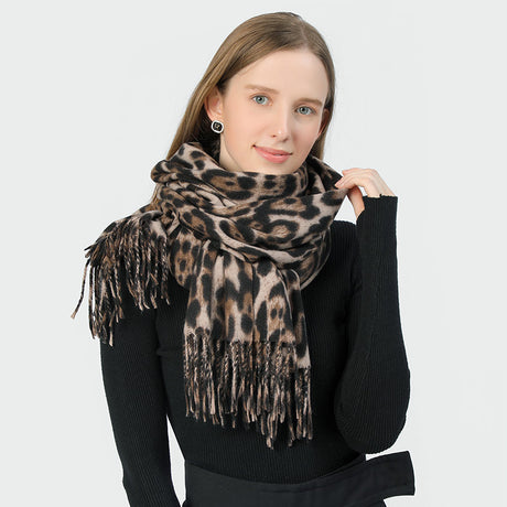 Stylish Animal Print Scarf - Warm Fall/Winter Shawl with Tassels, Imitation Cashmere(Wine red)