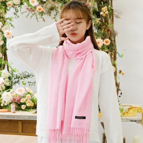 Luxe Soft Imitation Cashmere Scarf - Warm Solid Tone Shawl with Elegant Fringe(Navy blue)