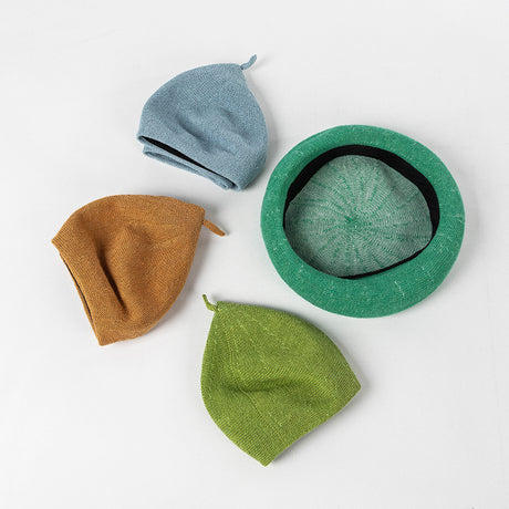 Beige green Linen Knit Beret - Classic Soft and Stylish Headwear