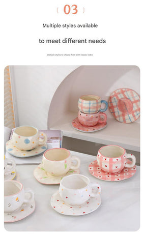 Hand-Painted Ceramic Coffee Cup and Saucer Set - Vintage Afternoon Tea(Pink bow)