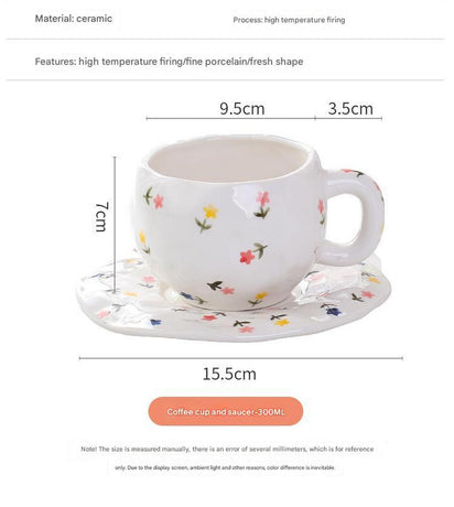 Hand-Painted Ceramic Coffee Cup and Saucer Set - Vintage Afternoon Tea(Red small floral branches)