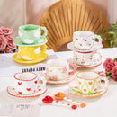 Hand-Painted Ceramic Coffee Mug and Saucer Set - Whimsical Afternoon Tea Cup with Spoon(White cloud-green)