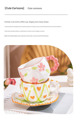 Hand-Painted Ceramic Coffee Mug and Saucer Set - Whimsical Afternoon Tea Cup with Spoon(White cloud-green)