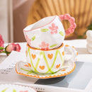 Hand-Painted Ceramic Coffee Mug and Saucer Set - Whimsical Afternoon Tea Cup with Spoon(Red rose)