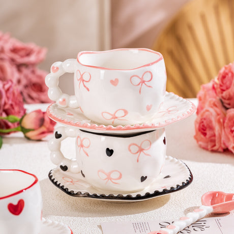 Hand-Painted Ceramic Coffee Mug and Saucer Set - Whimsical Afternoon Tea Cup with Spoon(Smiley pink flower)