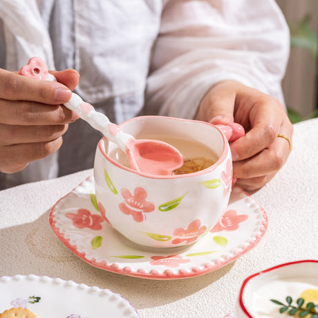 Hand-Painted Ceramic Coffee Mug and Saucer Set - Whimsical Afternoon Tea Cup with Spoon(Smiley pink flower)