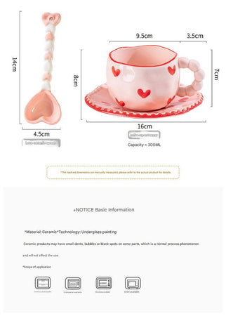 Hand-Painted Ceramic Coffee Mug and Saucer Set - Whimsical Afternoon Tea Cup with Spoon(Smiley pink flower)