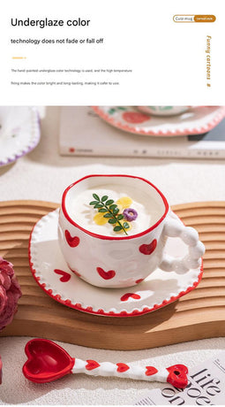 Hand-Painted Ceramic Coffee Mug and Saucer Set - Whimsical Afternoon Tea Cup with Spoon(Smiley pink flower)