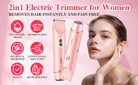 2-in-1 Ladies Electric Shaver & Trimmer - IPX7 Waterproof, USB-C Rechargeable, Dual Head Design(Blue)