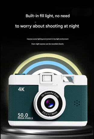 Compact 4K Digital Camera - 50MP, 16x Zoom, 2.4-inch IPS Screen, WiFi & Fill Light - Retro CCD Style(Green)