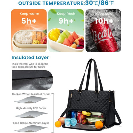 Stylish Quilted Laptop & Lunch Tote Bag , Water-Resistant with Insulated Compartment & Clutch(White)