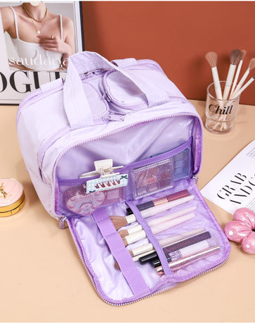 Portable Multi-Compartment Travel Toiletry & Makeup Organizer Bag with Brush Holders(Beige)