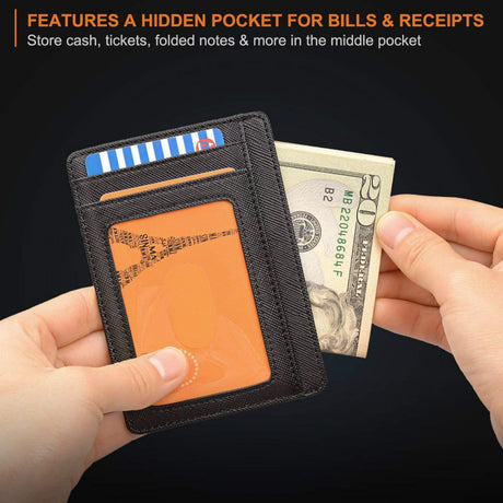 Slim Minimalist Leather Wallet with ID Window & RFID Blocking - Holds 12 Cards & Cash(Black)