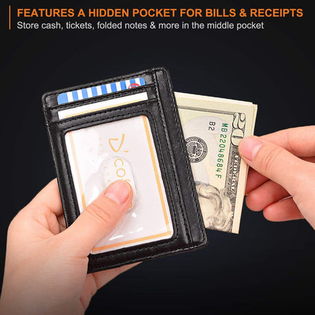 Slim Minimalist Leather Wallet with ID Window & RFID Blocking - Holds 12 Cards & Cash(Black)