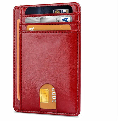 Slim Minimalist Leather Wallet with ID Window & RFID Blocking - Holds 12 Cards & Cash(Red)