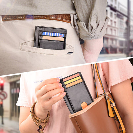 Slim Minimalist Leather Wallet with ID Window & RFID Blocking - Holds 12 Cards & Cash(Red)