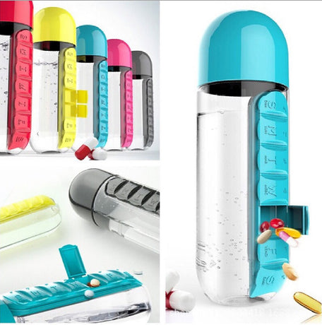 2-in-1 Water Bottle with 7-Day Pill Organizer - 600ml BPA-Free, Portable & Leakproof(Blue)