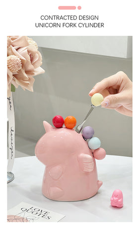 Adorable Unicorn Ceramic Fruit Fork Holder Set - Includes Stainless Steel Forks with Ball Tops(green)