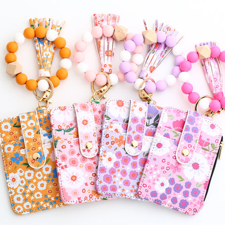 Floral Slim Card Holder Wallet with Beaded Keychain Bracelet & Tassel - 4 Card Slots, ID Window(Dark Pink)