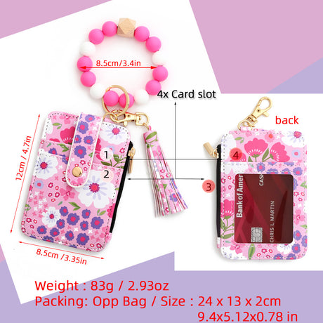 Floral Slim Card Holder Wallet with Beaded Keychain Bracelet & Tassel - 4 Card Slots, ID Window(Dark Pink)