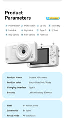 Student HD Digital Camera - 44MP, 8x Zoom, Autofocus, Dual Lens, Type-C Charging (Pink)