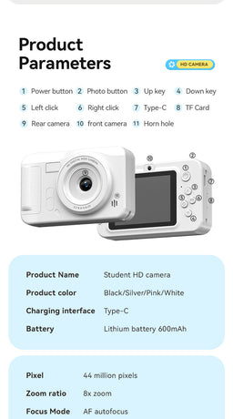 Student HD Digital Camera - 44MP, 8x Zoom, Autofocus, Dual Lens, Type-C Charging (Black)