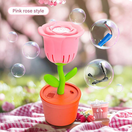 Electric Flower Bubble Machine with Music - Rechargeable, 10-Hole Output(Pink)