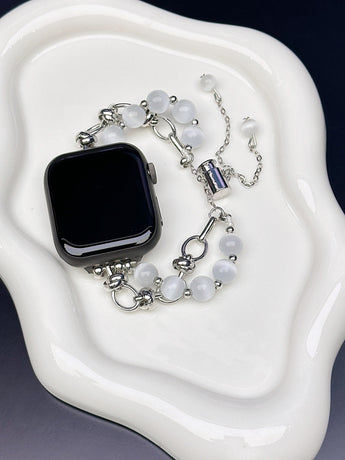 2-pcs Silver Elegant Cat's Eye Beaded Bracelet Band for Apple Watch - Women's Luxury Strap (Compatible Size :42/44/45MM )