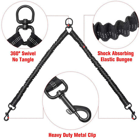 Black Pet Double-Ended Rope + 1.5M Leash - Easy to walk two dogs, tangle-free design