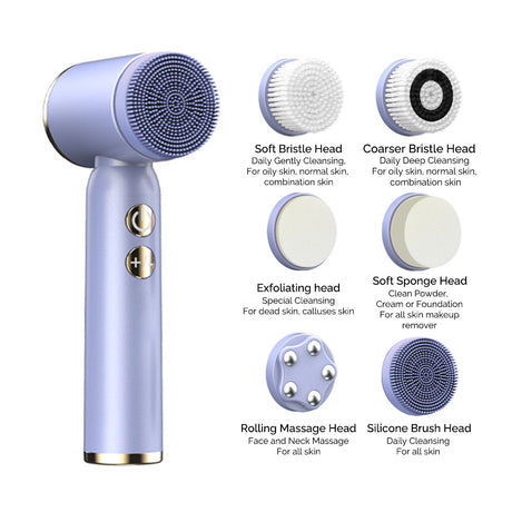 Purple 6-in-1 Electric Facial Cleansing Brush Set - Rechargeable & Waterproof