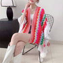 Red Women's printed knitted cardigan cape with ruffled sleeves (Style 1)