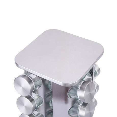 Modern stainless steel rounded corner rotating spice rack with 12 empty glass jars (88 ml each)