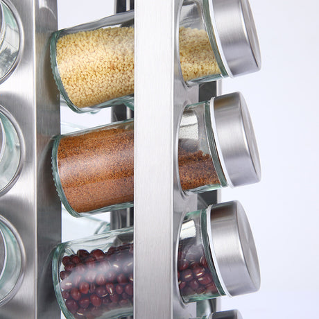 Modern stainless steel square spice revolving rack with 16 (88 ml each) empty glass jars