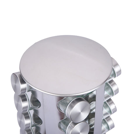 Modern stainless steel round-top rotating spice rack with 16 empty glass jars (88 ml each)