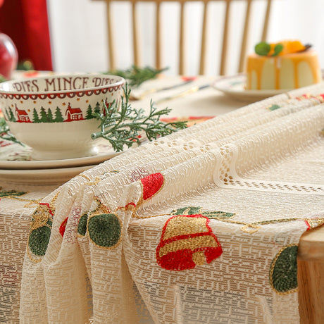 Embroidered Christmas Tablecloth - Embroidered Bells & Holly Design (140*200cm)