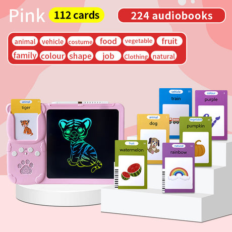 Pink (112 cards, pure English) Kids Interactive Early Education Toy: Combination Card Reader & LCD Drawing Board for Toddlers