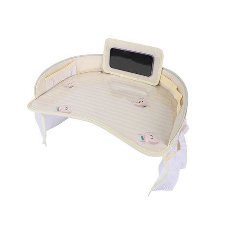 Kids Car Seat Travel Tray - Waterproof Lap Desk with Storage Pockets (Beige bunny - Round)