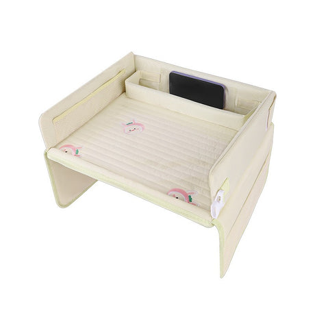 Kids Car Seat Travel Tray - Waterproof Lap Desk with Storage Pockets (Beige bunny - Round)