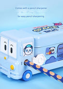 2-pcs Pink Fun School Bus Pencil Box with Built-in Sharpener - 3 Layer Large Capacity Stationery Box for Kids