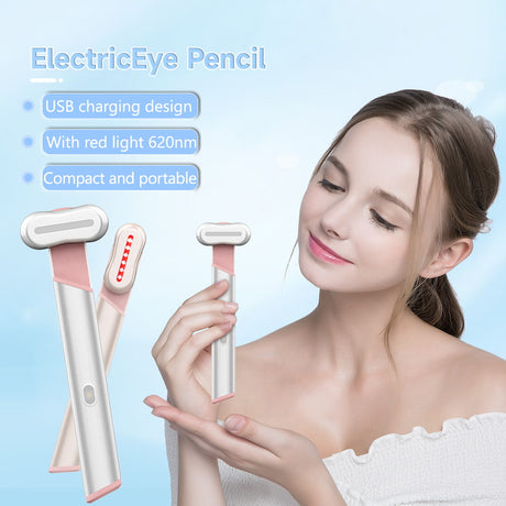 Rose Gold Electric Eye Massager Pen with Red & Blue Light Therapy - Heated Vibration Wand