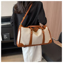 Brown Contrast Color Women's Travel Bag - Canvas & PU Leather Trim Luggage (32x21x14cm)