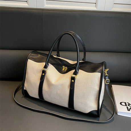 Black Contrast Color Women's Travel Bag - Canvas & PU Leather Trim Luggage (43x27x19cm)