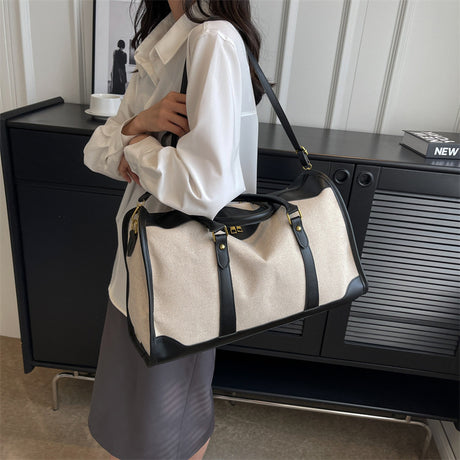 Black Contrast Color Women's Travel Bag - Canvas & PU Leather Trim Luggage (32x21x14cm)